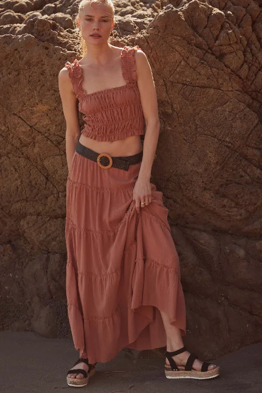 Washed Ashore Raw-Edge Tiered Ruffle Maxi Skirt velvet skirt luxury