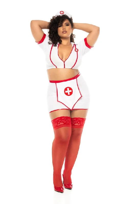 Plus Size White & Red Sexy Nurse Top, Skirt & Headpiece Cosplay Halloween Costume