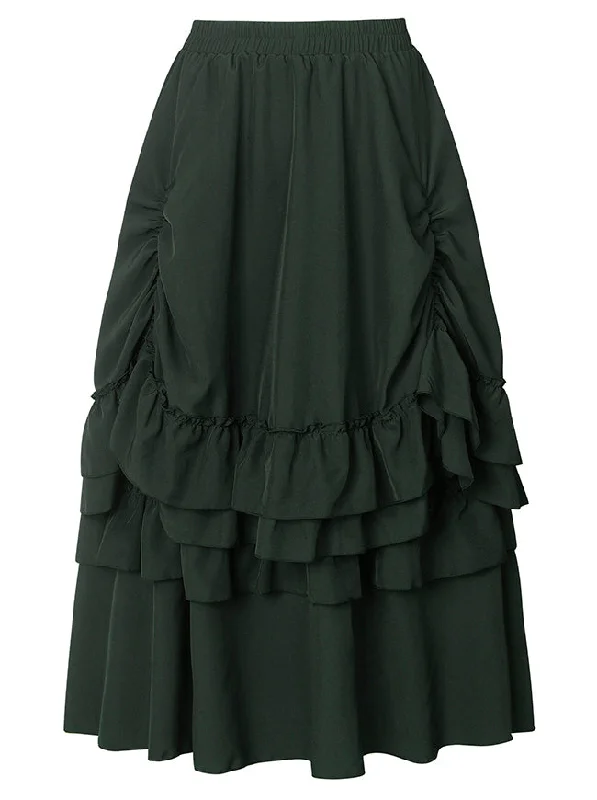 Women Medieval Retro Steampunk Gothic Renaissance Ruffle Layered Pleated Long Bustle Skirt