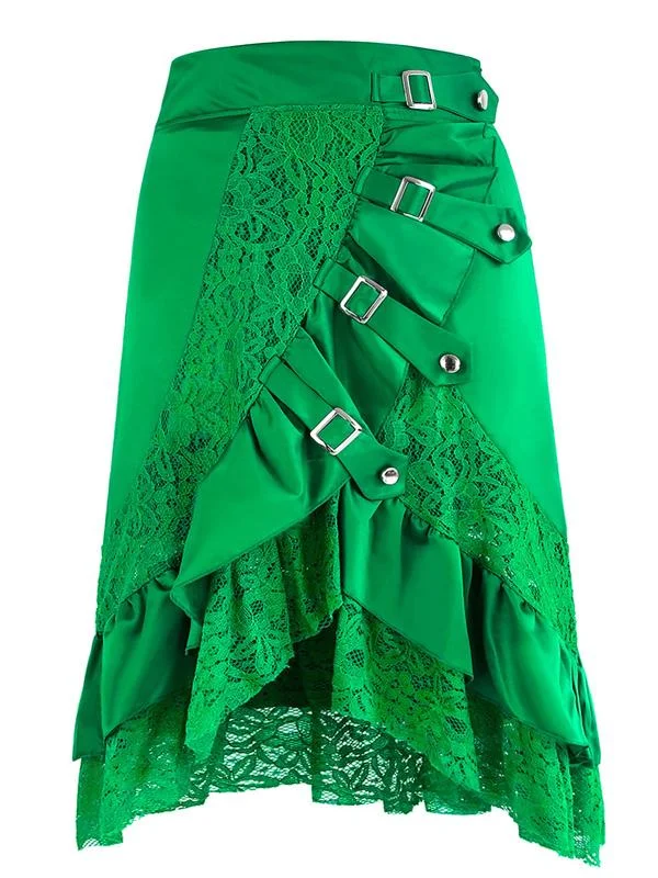 Women's Vintage Gothic Punk Green Asymmetry Lace Patchwork Slim Fit Skirt