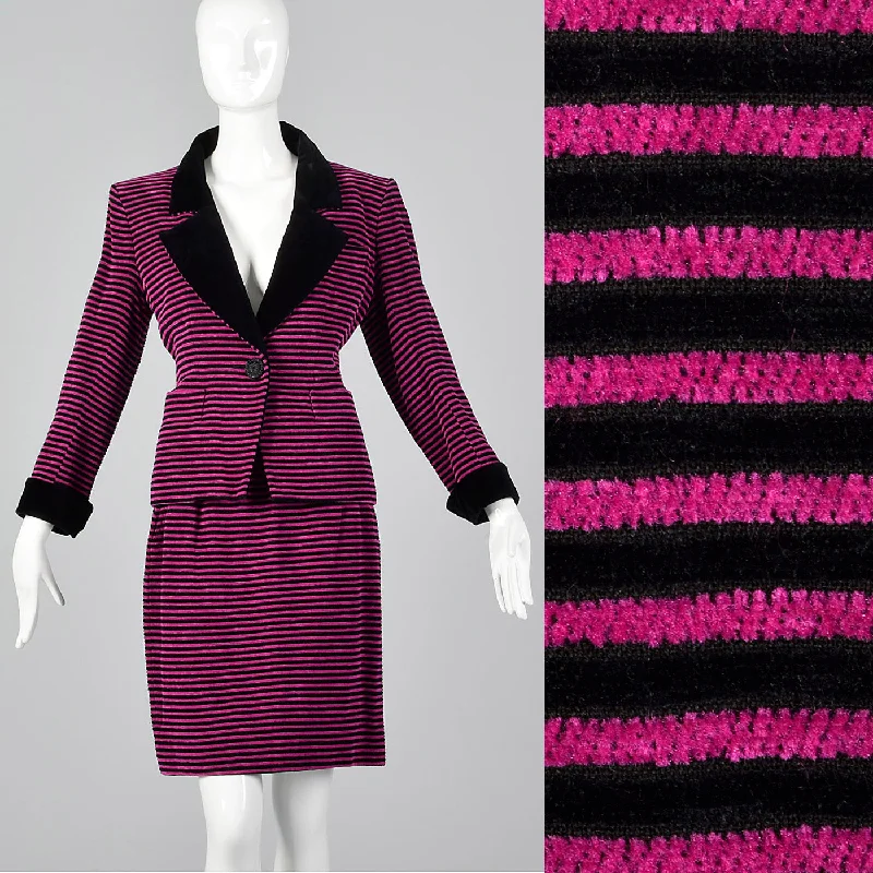 Yves Saint Laurent Rive Gauche Black & Fuchsia Striped Corduroy Skirt Suit