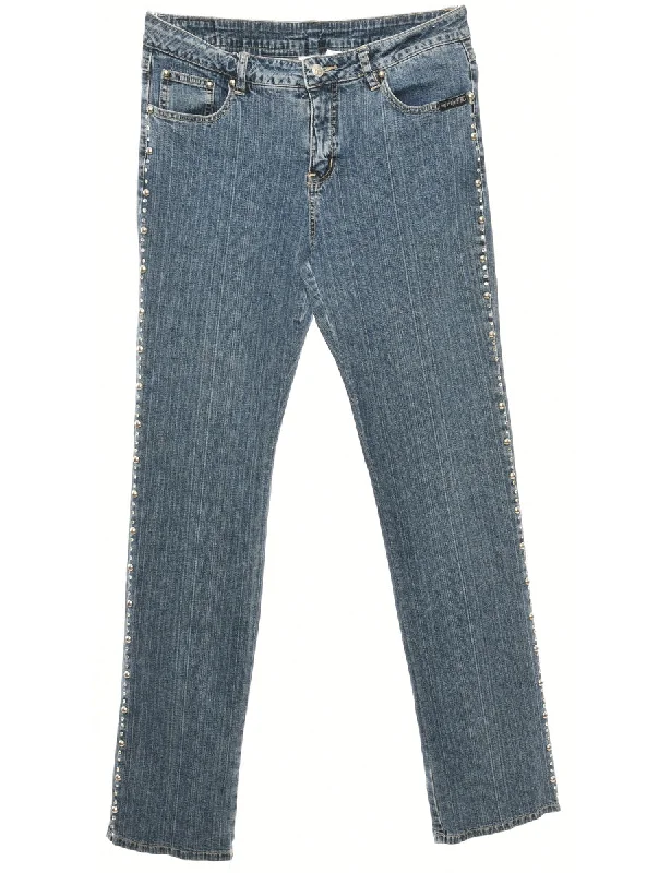 Zip Front Dark Wash Straight Fit Jeans - W32 L33 Stylish Paperbag Waist Denim
