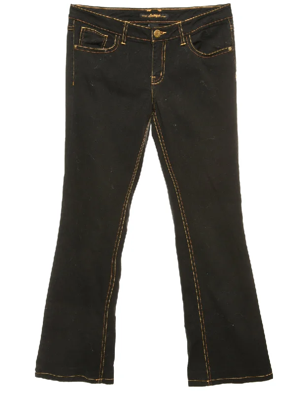 Black Zip Front Straight Fit Jeans - W34 L31 Chic Double Waistband Jeans