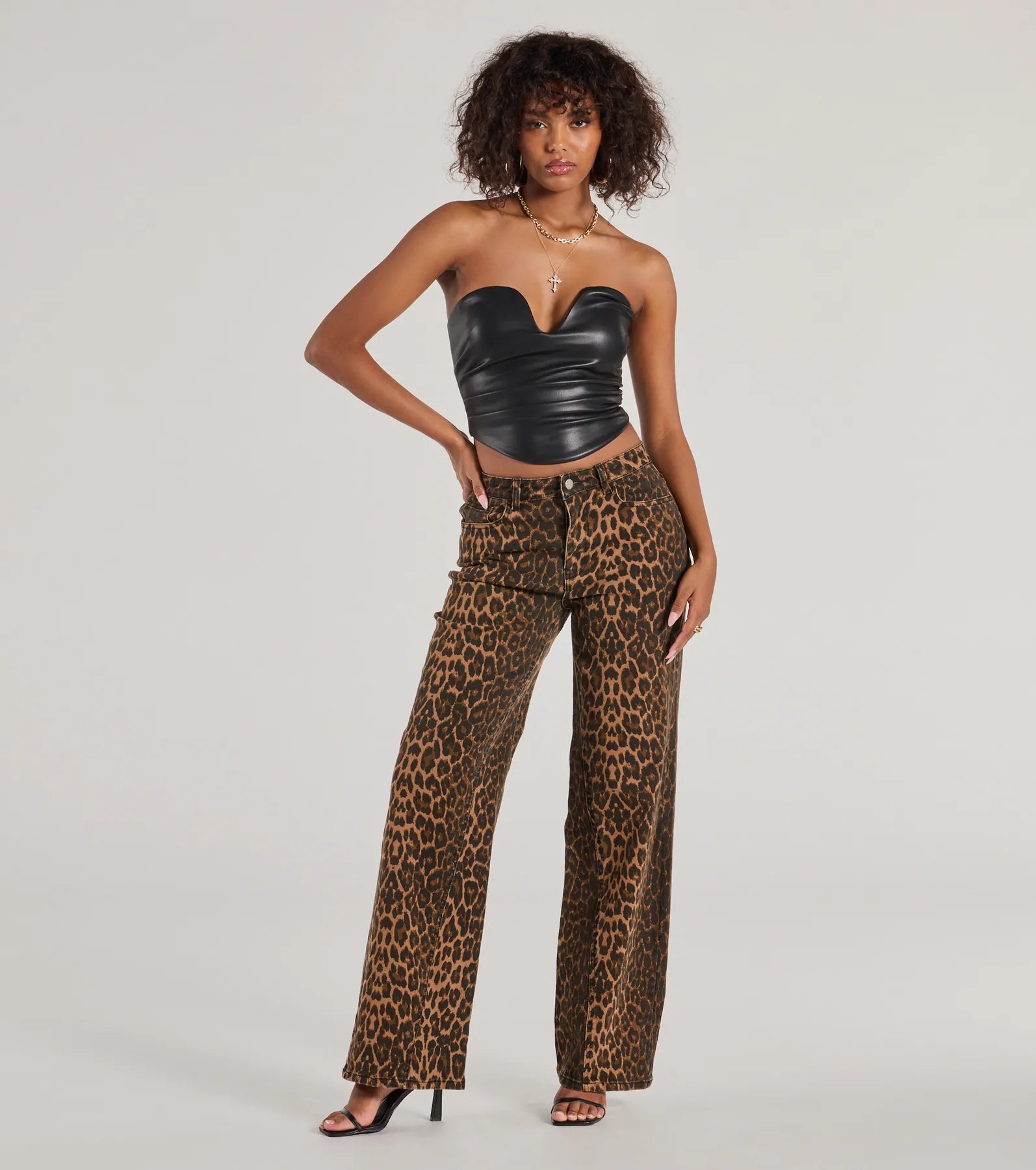 Fierce Aura Wide Leg Leopard Print Denim Jeans Fashionable Raw Hem Bootcut Jeans
