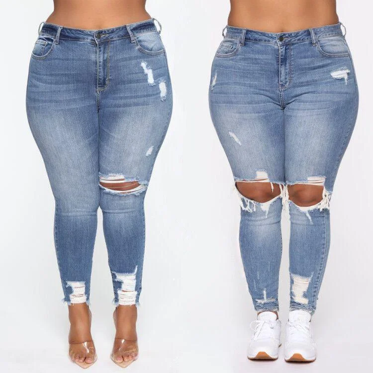 Stretch Ripped Women Plus Size Jeans Plus Size Jeans Chic Rolled Cuff Denim Jeans