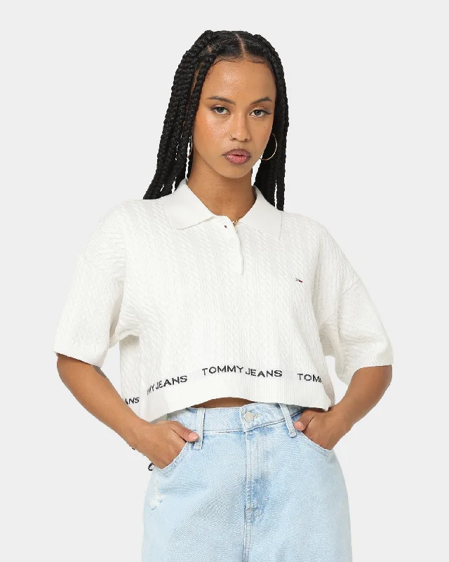 Tommy Jeans Women's Cable Knit Polo Cropped Jumper Ecru Fashionable Relaxed Fit Denim