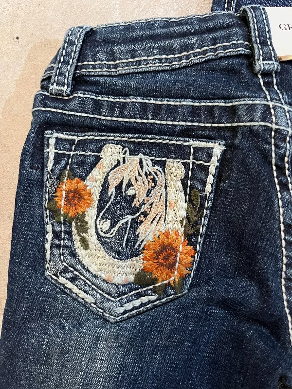 Grace in LA Girls Embroidered Horse Pocket Jeans Trendy Paperbag Waist Jeans