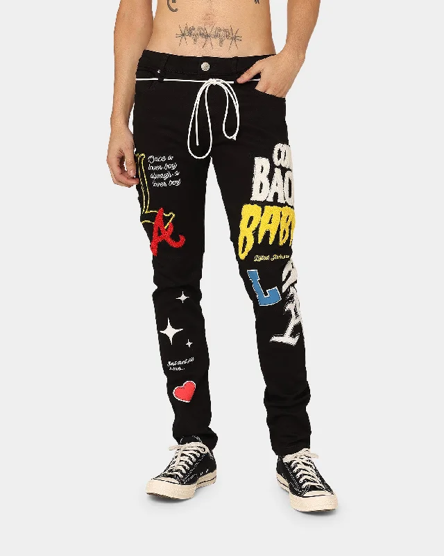 Lifted Anchors Boulevard Puff Print Jeans Black Wash Fashionable Frayed Hem Denim