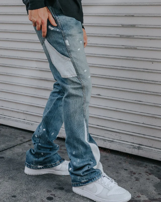 MNML B425 Patch Flare Denim Jeans Blue Cozy Stretch High-Waist Jeans