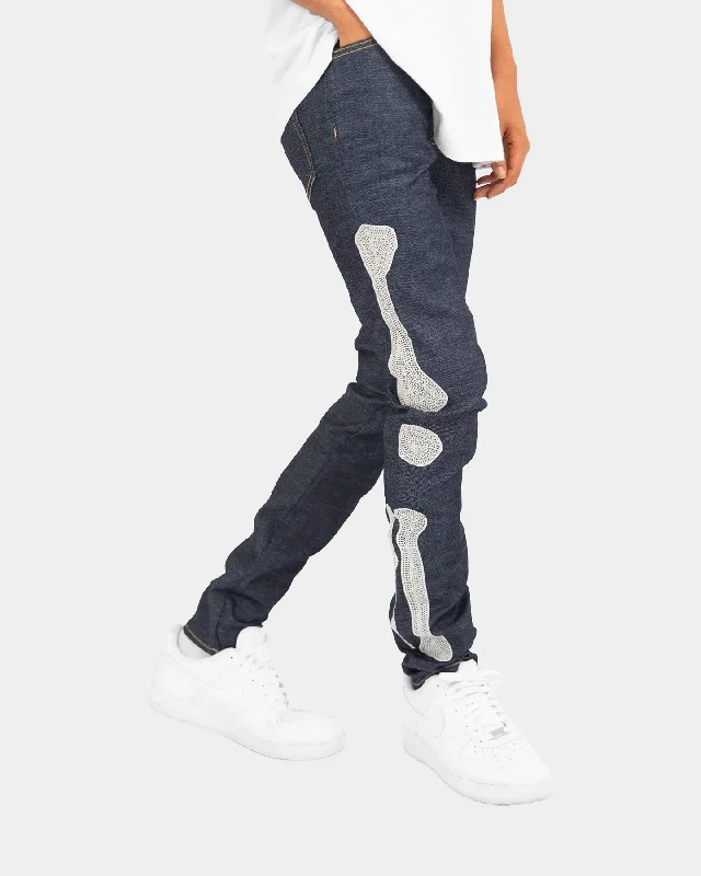 MNML X199 Stretch Skeleton Denim Jeans Raw Blue Classic Button Fly Jeans