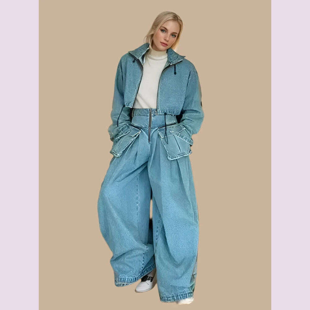 CHICEVER Denim Women's Sets For Women Lapel Long Sleeve Spliced Drawstring Tops High Waist Oversize Jeans Solid Set Female 2024 Comfortable Zip-Fly Denim Jeans CHICEVER Denim Women's Sets For Women Lapel Long Sleeve Spliced Drawstring Tops High Waist Oversize Jeans Solid Set Female 2024 Comfortable Zip-Fly Denim Jeans
