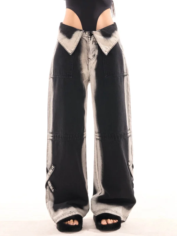 Cassy Contrast Color Denim Straight Wide Leg Pleated Fold High Waist Jeans Pants Comfortable Flare Leg Jeans Cassy Contrast Color Denim Straight Wide Leg Pleated Fold High Waist Jeans Pants Comfortable Flare Leg Jeans