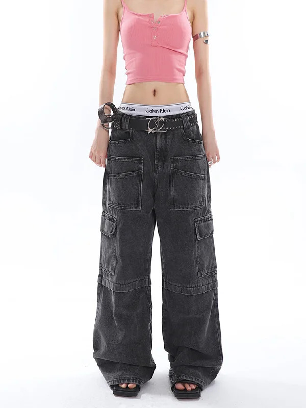 Cherie Denim High Waist Patchwork Multi-Pocket Straight Leg Cargo Jeans Pants Fashionable Straight Fit Denim Cherie Denim High Waist Patchwork Multi-Pocket Straight Leg Cargo Jeans Pants Fashionable Straight Fit Denim