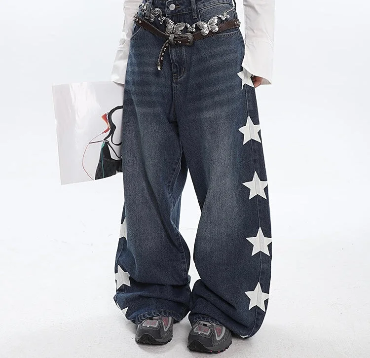 Cherry Vintage Star Wide Straight Leg High Waist Blue Denim Jeans Pants Fashionable Vintage Wash Jeans Cherry Vintage Star Wide Straight Leg High Waist Blue Denim Jeans Pants Fashionable Vintage Wash Jeans