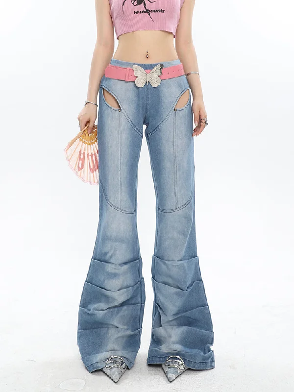 Giana Denim High Waist Cut Out Micro Flared Pleated Jeans Pants Stylish Plus Size Denim Jeans