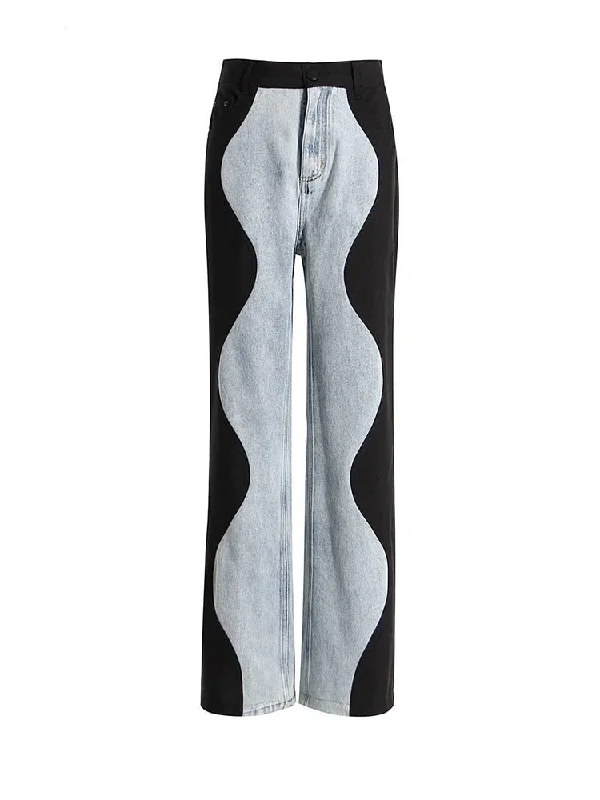 High Waist Color-Block Wide Leg Jeans | Spring  Fashion Comfortable Folded Hem Jeans