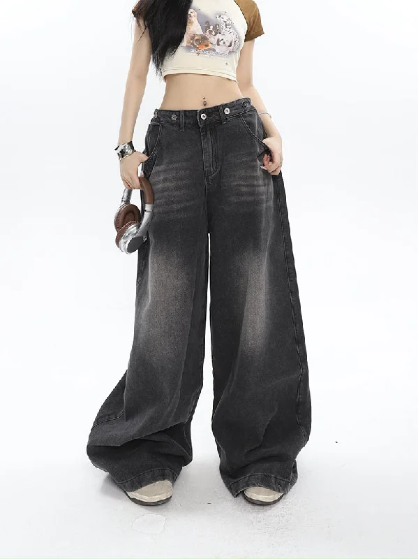 Hilary Washed Denim Grey High Waist Adjustable Wide Leg Loose Jeans Pants Trendy Button-Up High-Waist Jeans Hilary Washed Denim Grey High Waist Adjustable Wide Leg Loose Jeans Pants Trendy Button-Up High-Waist Jeans