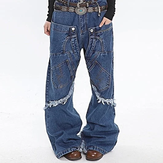 Ianna Patchwork Blue Denim Straight Leg High Waist Jeans Pants Trendy Wide-Leg High-Waist Denim Ianna Patchwork Blue Denim Straight Leg High Waist Jeans Pants Trendy Wide-Leg High-Waist Denim