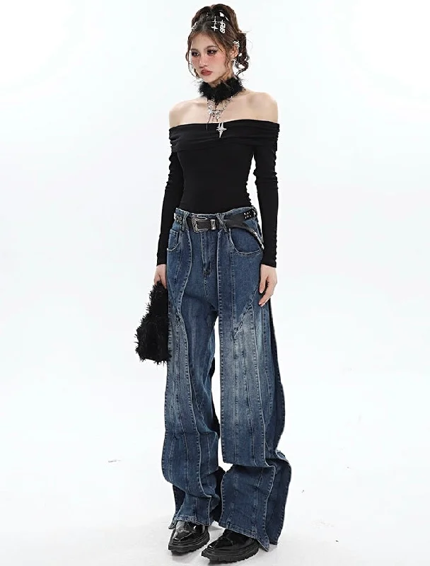 Sasha Denim Blue Patchwork Flare Jeans Pants Fashionable Slouchy Fit Jeans