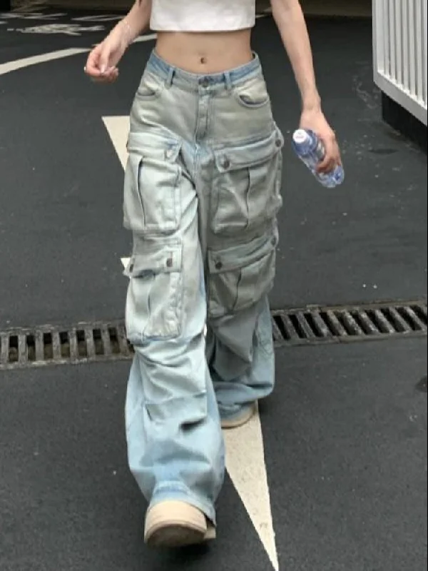 Sazo Washed Denim Blue Multi-Pocket High Waist Straight Leg Cargo Jeans Pants Classic Black Denim Jeans Sazo Washed Denim Blue Multi-Pocket High Waist Straight Leg Cargo Jeans Pants Classic Black Denim Jeans