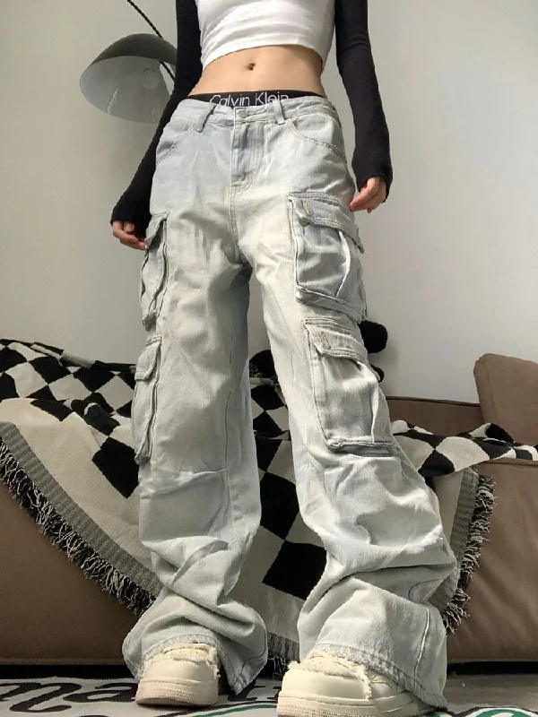 Sizo Washed Denim Blue Multi-Pocket Low Waist Straight Leg Cargo Jeans Pants Stylish Tapered Fit Jeans Sizo Washed Denim Blue Multi-Pocket Low Waist Straight Leg Cargo Jeans Pants Stylish Tapered Fit Jeans