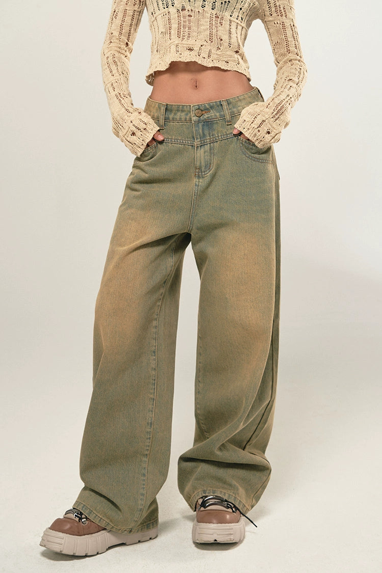BeerBro Washed Faded Denim High Waist Straight Leg Baggy Jeans Pants Cozy Wide-Legged Jeans BeerBro Washed Faded Denim High Waist Straight Leg Baggy Jeans Pants Cozy Wide-Legged Jeans