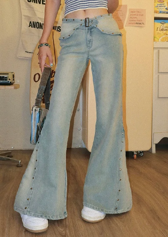 Jaimie Denim Blue Studded Spike Low Rise Flare Jeans Pants