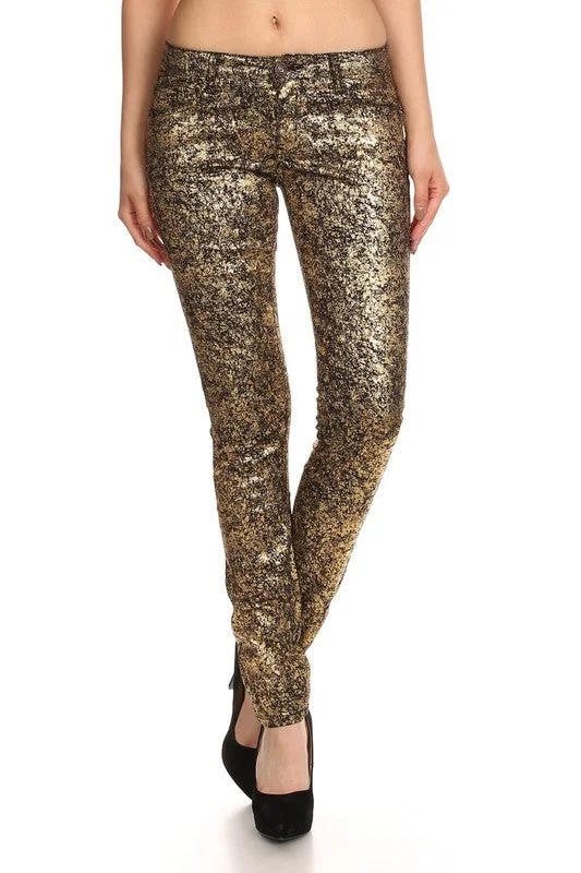 Low Rise Metallic Print Skinny jeans Pants Elegant High-Waisted Flared Jeans
