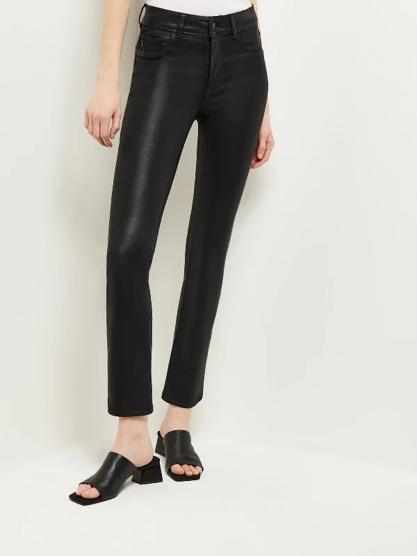 Mara Mid-Rise Straight Leg Ankle Jeans, Black Coated Chic Ripped Jeans