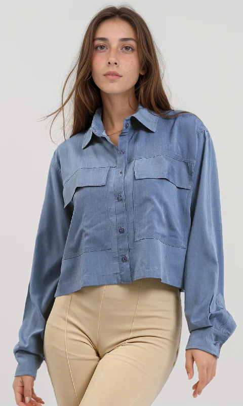 O182264 Full Buttons Down Jeans Blue Shirt With Front Pockets