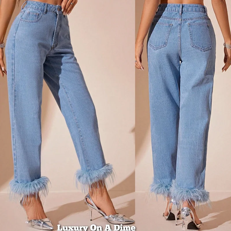 Faux Fur Plush Ankle High-Rise Waist Relaxed Fit Jeans Straight Leg Denim Pants