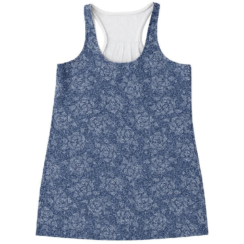 Rose Denim Jeans Pattern Print Women's Racerback Tank Top