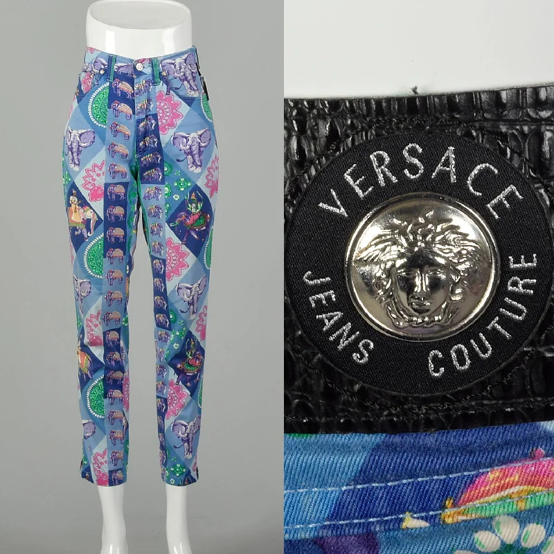 Small 1990s Versace Pants Couture Designer Purple Elephant Print Skinny Jeans Vintage Classic Button Fly Jeans Small 1990s Versace Pants Couture Designer Purple Elephant Print Skinny Jeans Vintage Classic Button Fly Jeans