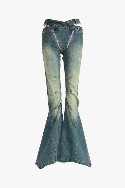 90s Buttoned Criss Cross Waist Cutout Fit & Flare Faded Fishtail Denim Jeans