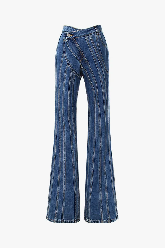 Asymmetrical 90s Crossover Waist Striped Seam Fit & Flare Denim Jeans