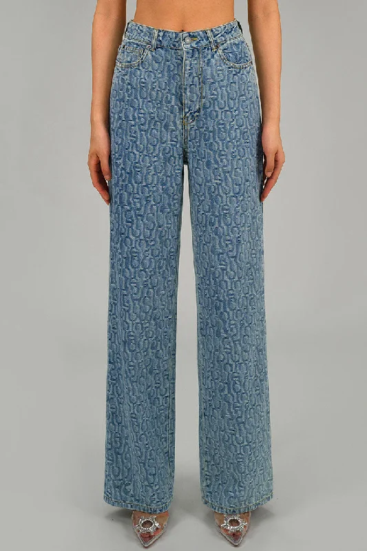 Intricate Letter Jacquard High Waist Wide Leg Light Wash Full Length Jeans