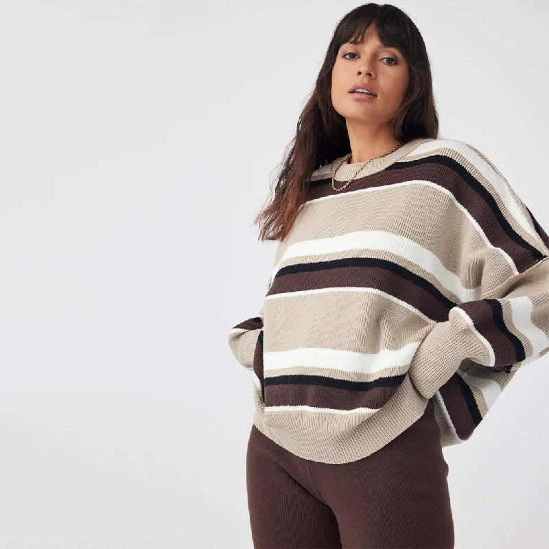 HARPER STRIPE ORGANIC KNIT SWEATER | TAUPE / CHOCOLATE Fitted Loose Oversized