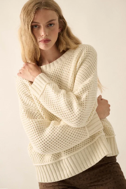 Basically Perfect Chunky Crochet-Knit Sweater Ribbed Striped Patterned