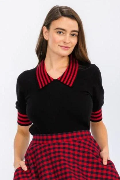 Black & Red Stripe Collared Sweater Chenille Blend Fleece Blend Nylon Blend