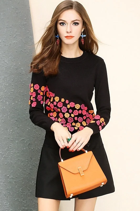 Black Sweater W/ Flower Crochet Faux Fur Fabric Real Fur Fabric Shearling Fabric
