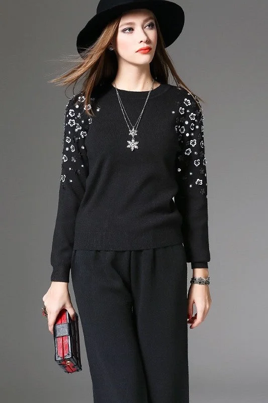 Black Sweater W/ 3D Flowers Transparent Opaque Sheer