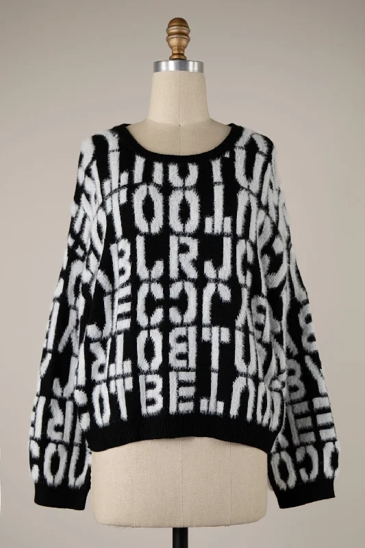 Black & White Fuzzy Alphabet Sweater Slim Fit Regular Fit Oversized