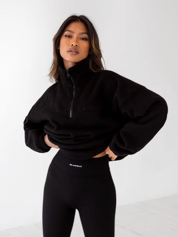 Borg 1/4 Zip Sweater - Black Embroidered Appliqued Beaded