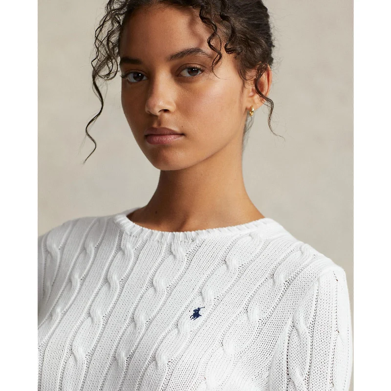 Polo Ralph Lauren - Julianna Cable Knit Crewneck Cotton Sweater - White Toggled Drawstring Belted