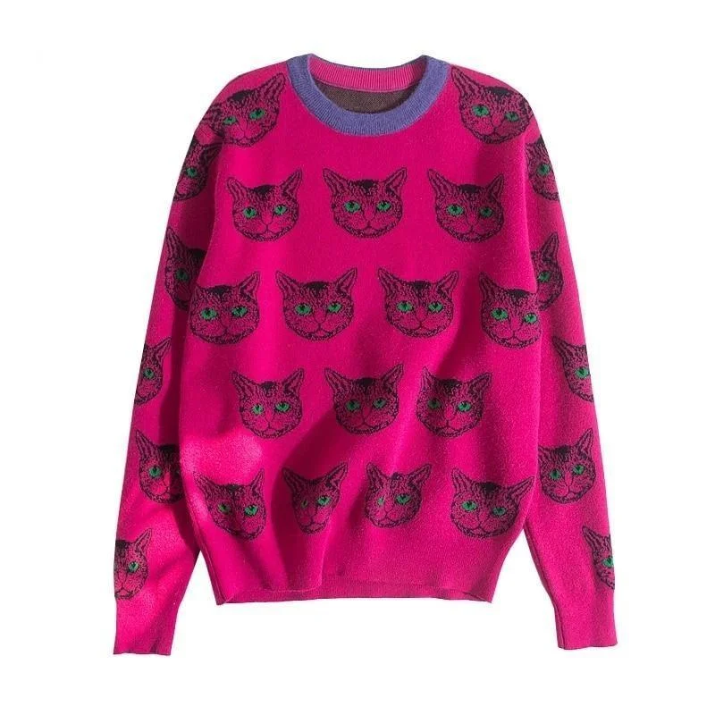 Cartoon Cat Face Women's Knitted Sweater: Bold and different, ideal for cat lovers Casual Formal Business