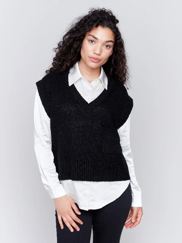 Soft Touch Sweater Vest - Black Collared Crew Neck Turtle Neck