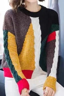 Color Block Wool Sweater Ribbed Striped Patterned