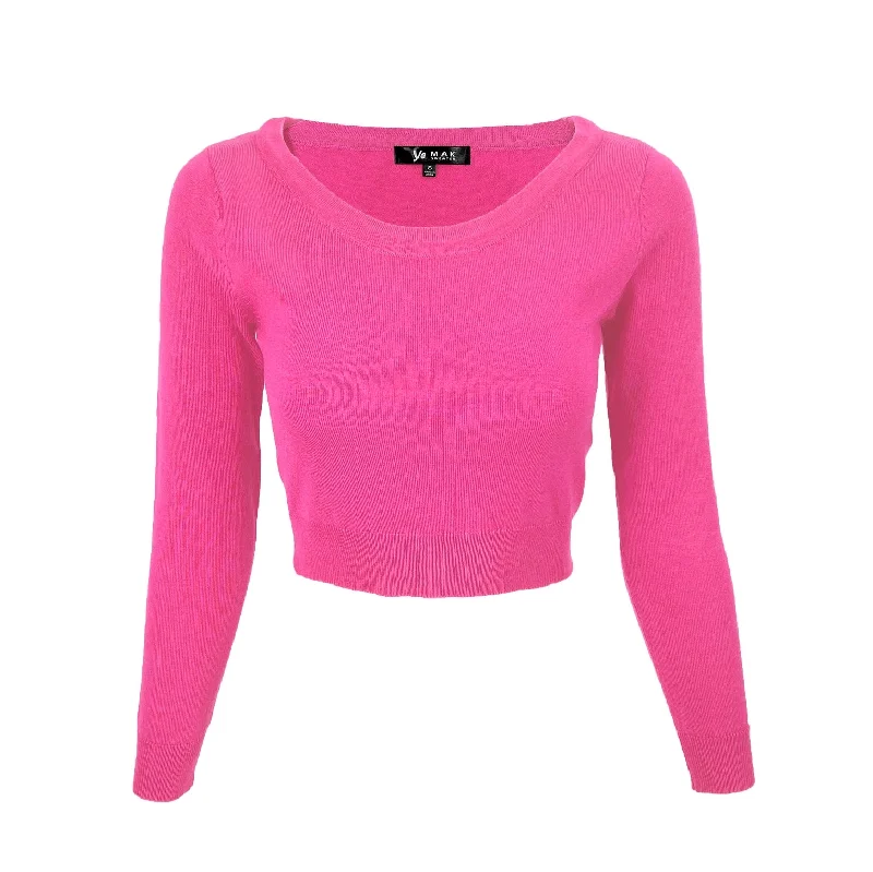 Cropped Long Sleeve Sweater in Hot Pink Striped Floral Plaid
