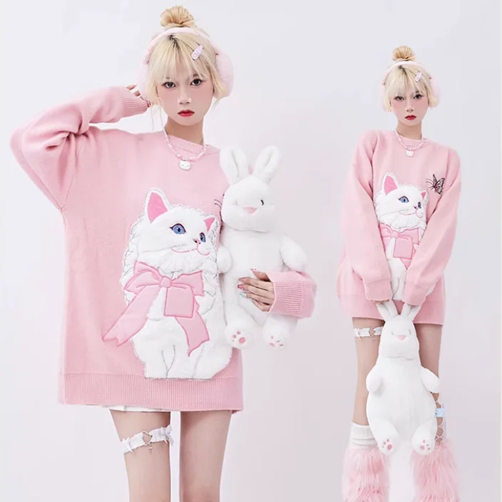 Cute cat sweater yv31962 Mesh Blend Leather Blend Suede Blend