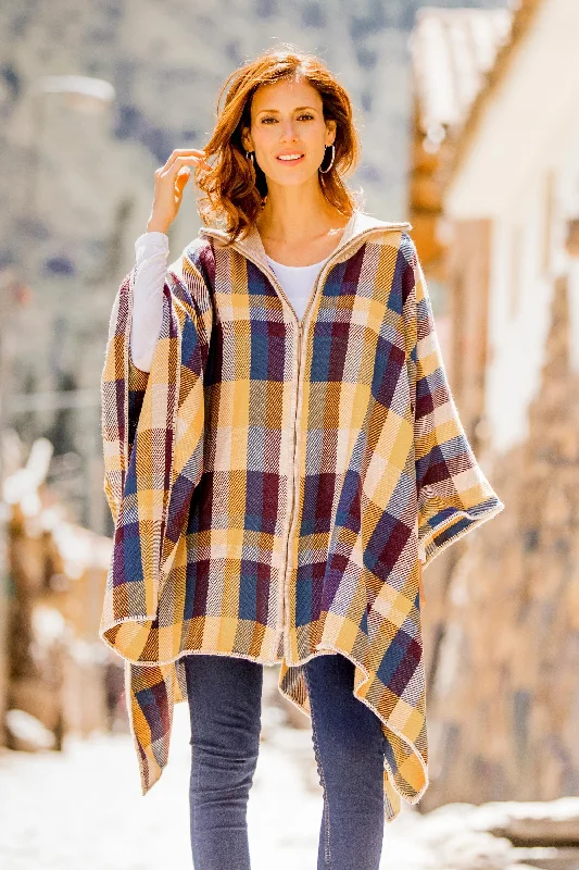 Cuzco Morning Check Pattern Alpaca Blend Poncho Sweater from Peru Glossy Satin Silk